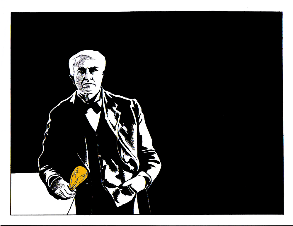 Thomas Edison holding a lightbulb / Thomas Edison tenant une ampoule