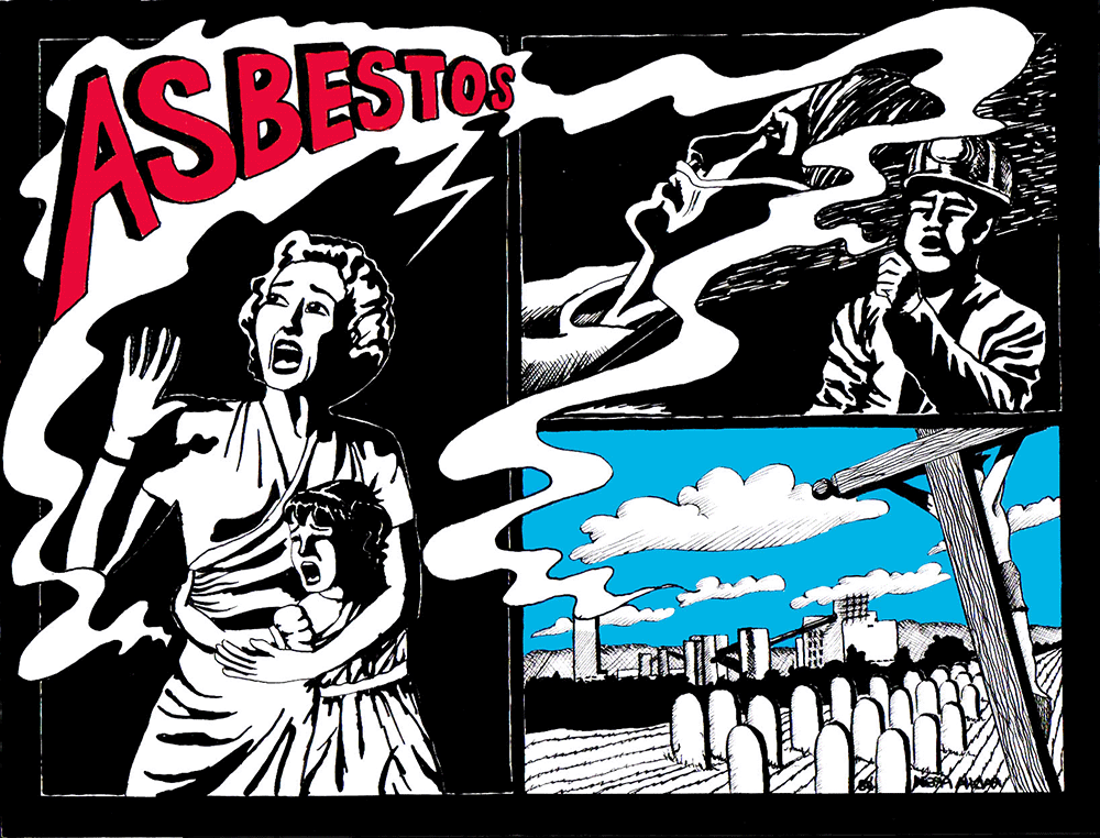 A mother screams Asbestos, a miner coughs. Une mère crie Asbestos, un mineur tousse.